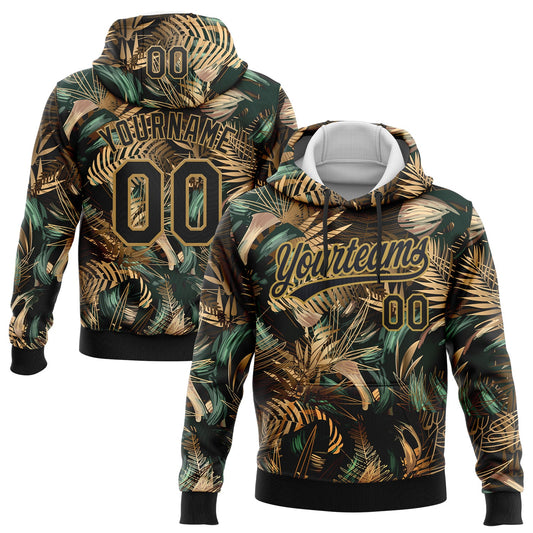 Custom Stitched Black Old Gold 3D Tropical Leaves In The Style Of Jungle And Hawaii Sports Pullover Sweatshirt Hoodie - Main View