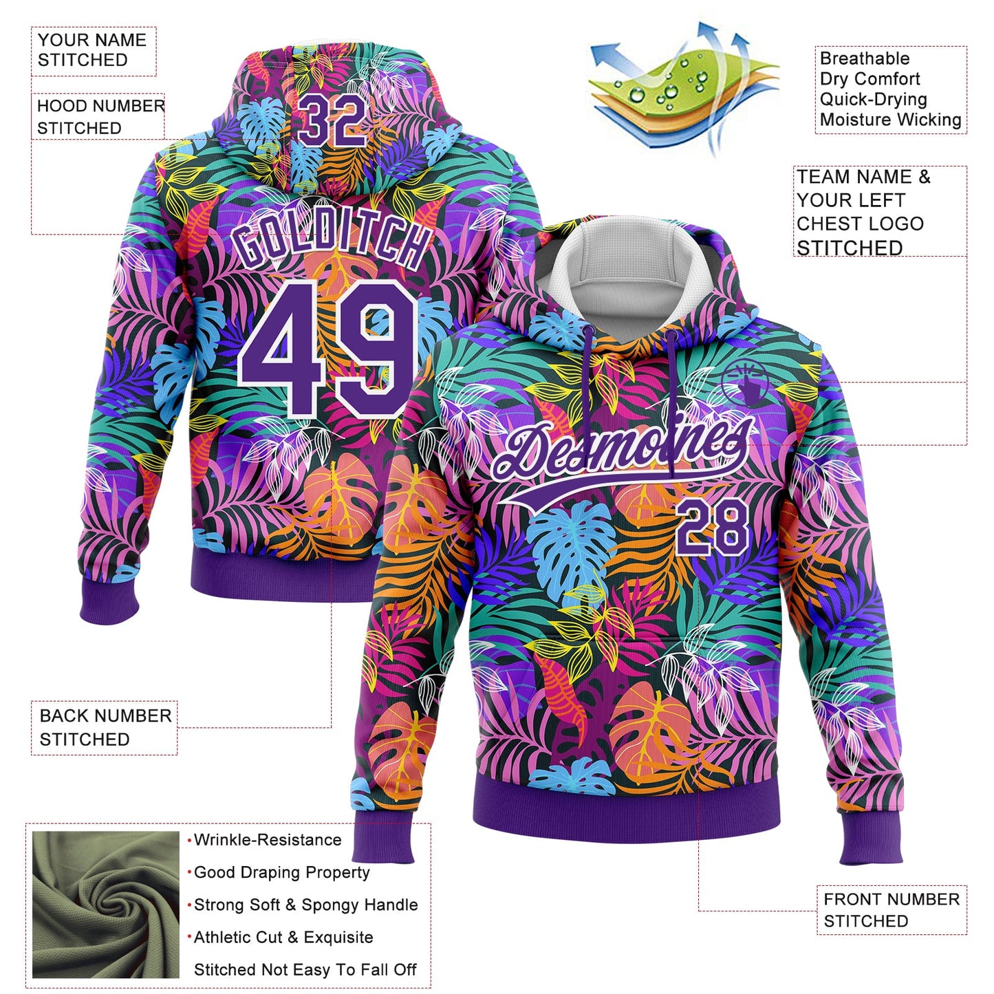 Custom Stitched Purple White 3D Hawaii Palm Trees Sports Pullover Sweatshirt Hoodie view 2
