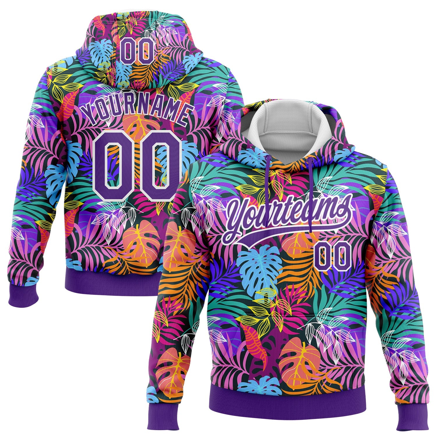 Custom Stitched Purple White 3D Hawaii Palm Trees Sports Pullover Sweatshirt Hoodie - Main View