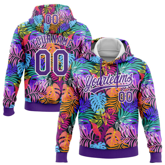 Custom Stitched Purple White 3D Hawaii Palm Trees Sports Pullover Sweatshirt Hoodie - Main View