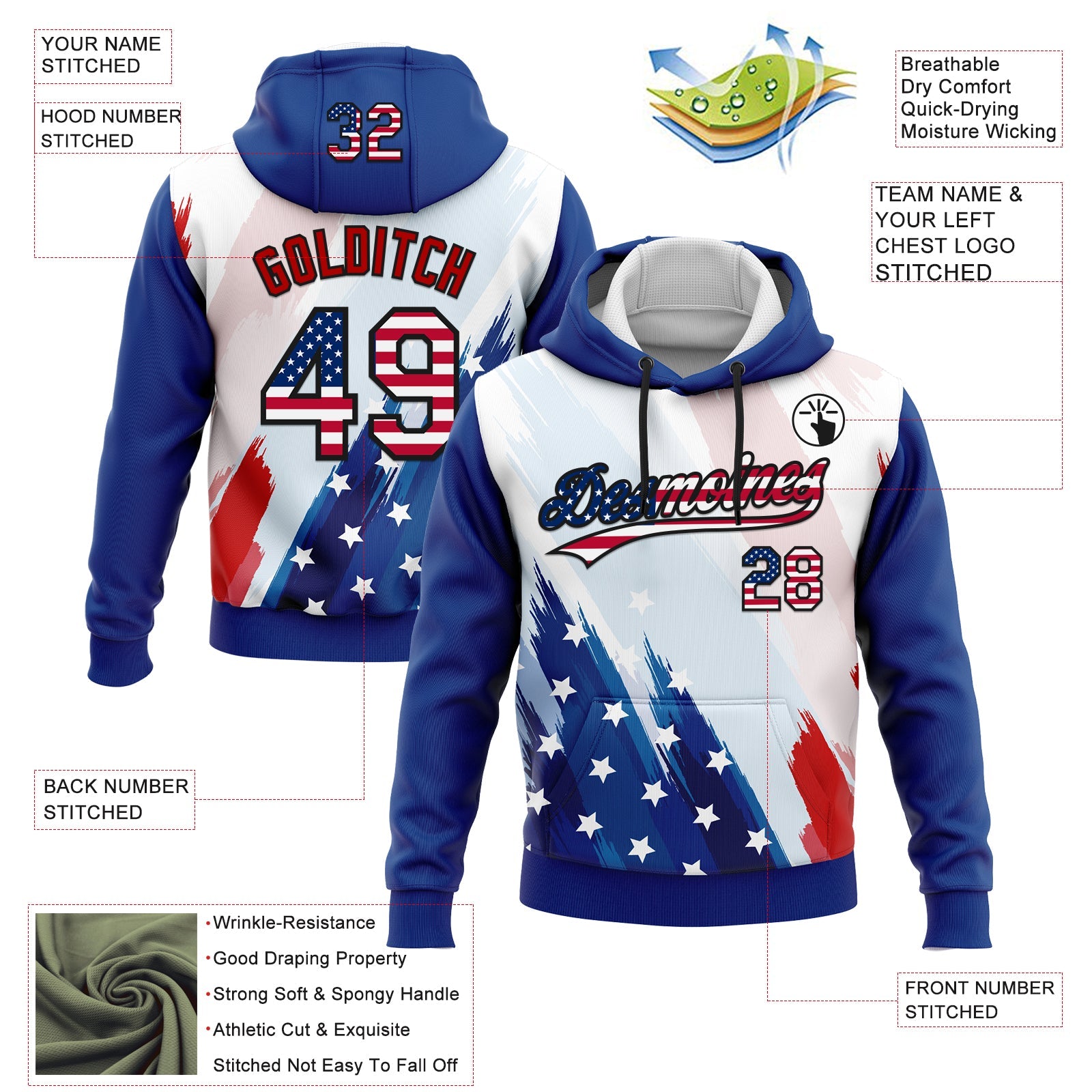 Custom Stitched White USA Flag Royal Black-Red 3D American Flag Sports Pullover Sweatshirt Hoodie view 2