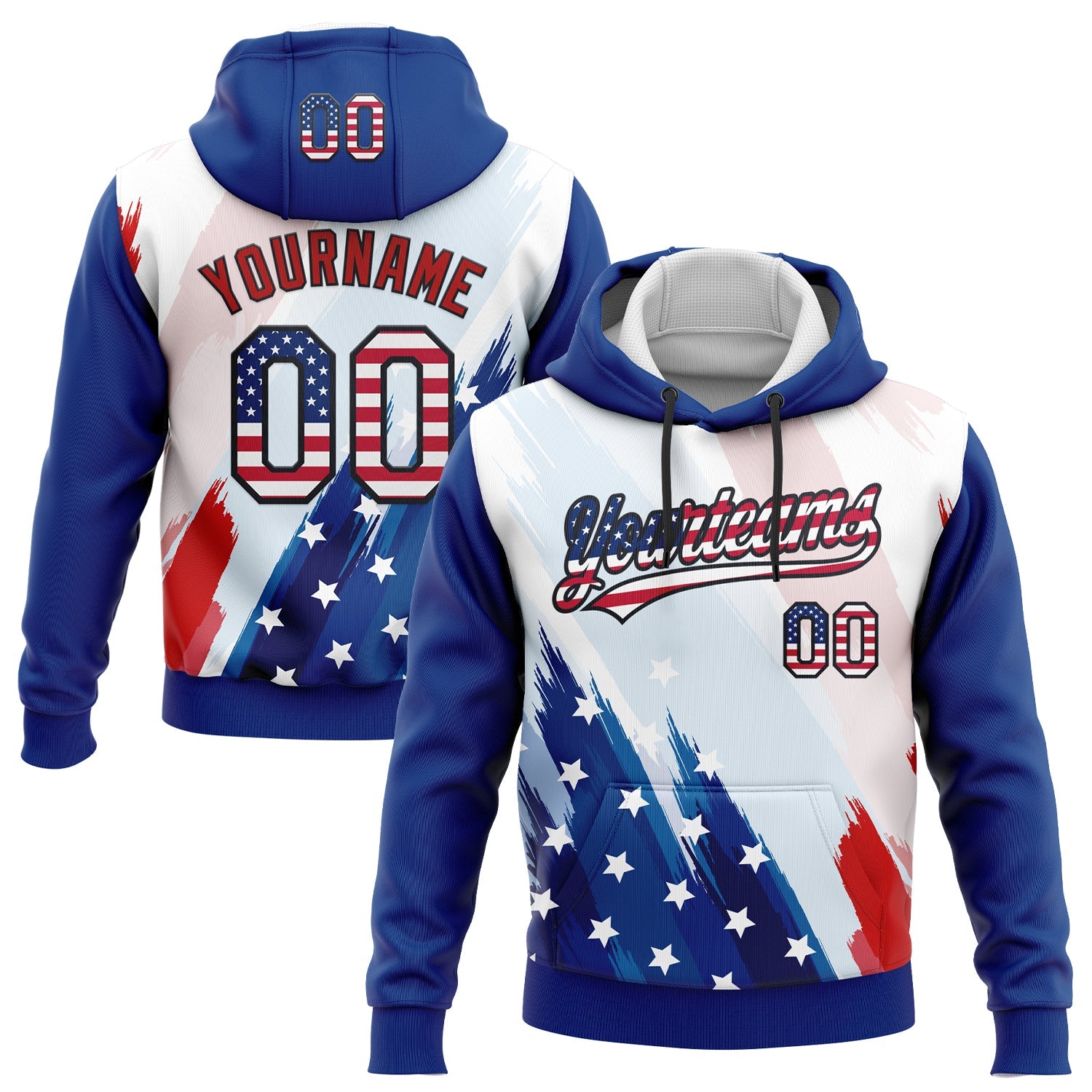 Custom Stitched White USA Flag Royal Black-Red 3D American Flag Sports Pullover Sweatshirt Hoodie - Main View
