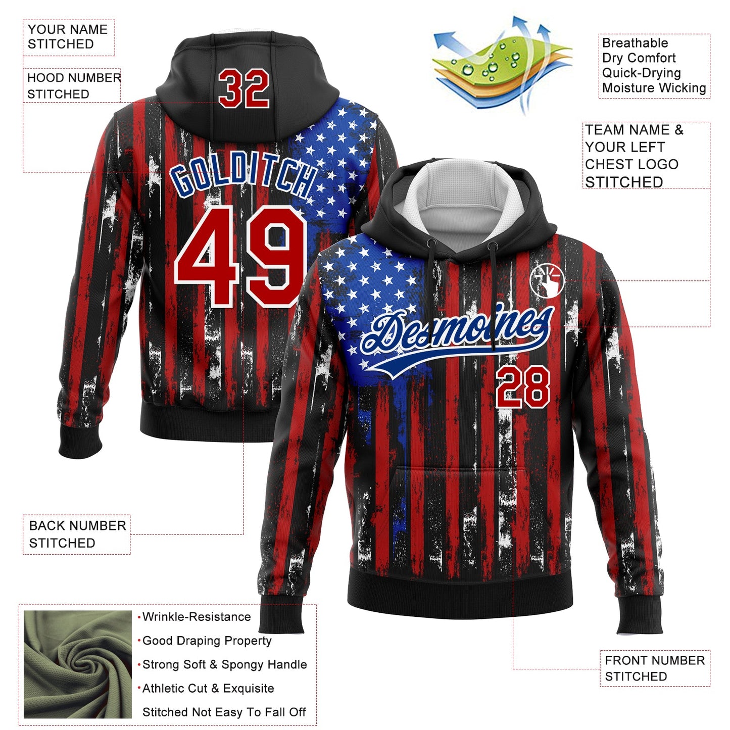 Custom Stitched Black Red Royal-White 3D Distressed American Flag Sports Pullover Sweatshirt Hoodie view 2