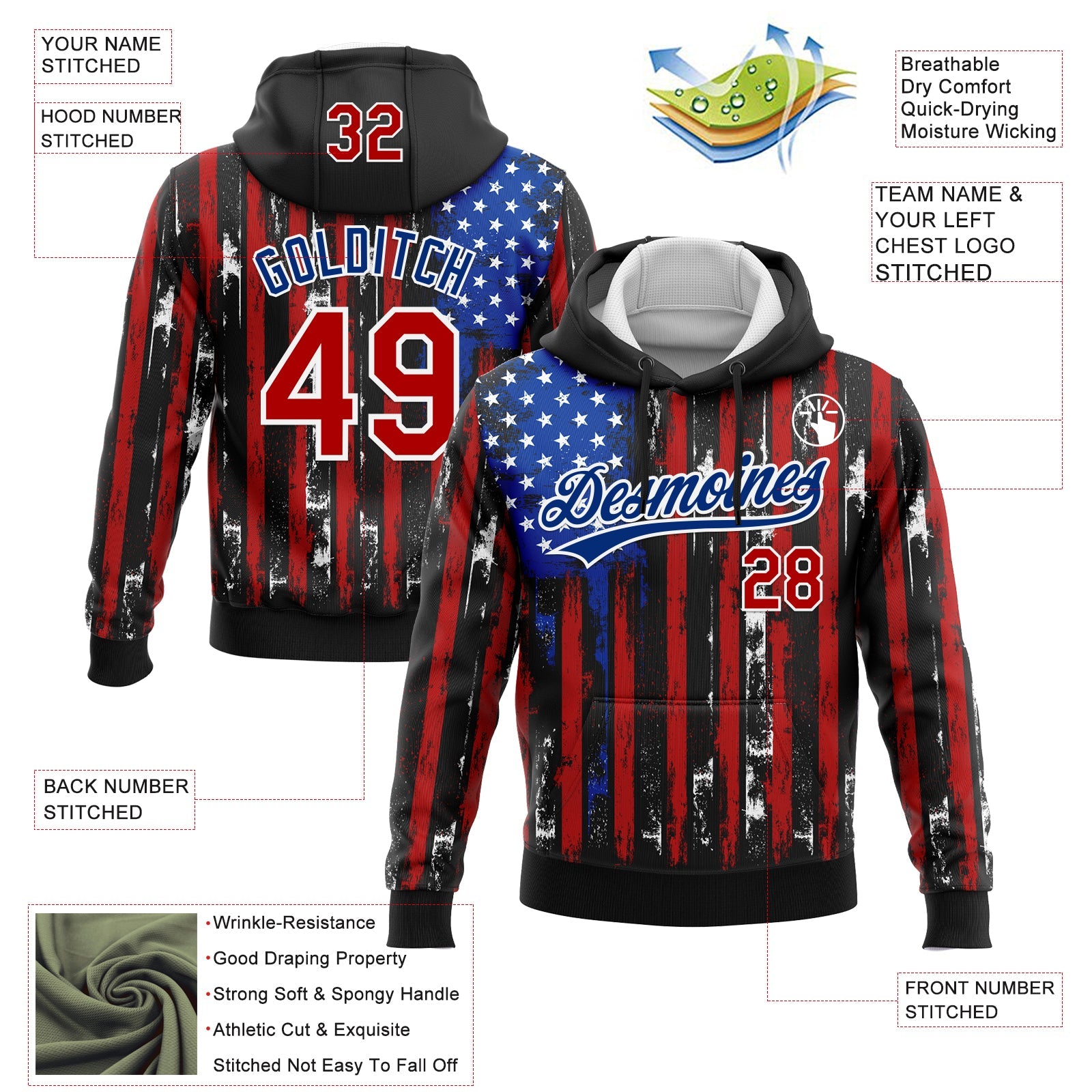 Custom Stitched Black Red Royal-White 3D Distressed American Flag Sports Pullover Sweatshirt Hoodie view 2
