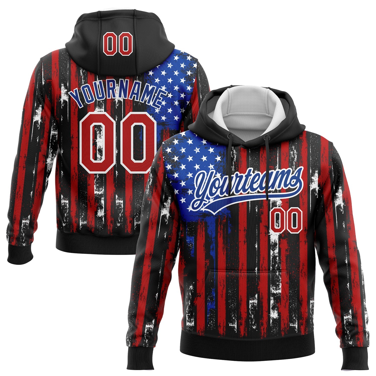 Custom Stitched Black Red Royal-White 3D Distressed American Flag Sports Pullover Sweatshirt Hoodie - Main View