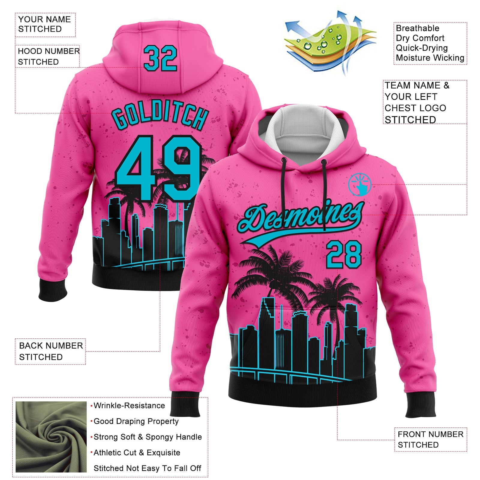 Custom Stitched Pink Sky Blue-Black 3D Miami Palm Trees City Edition Sports Pullover Sweatshirt Hoodie view 2