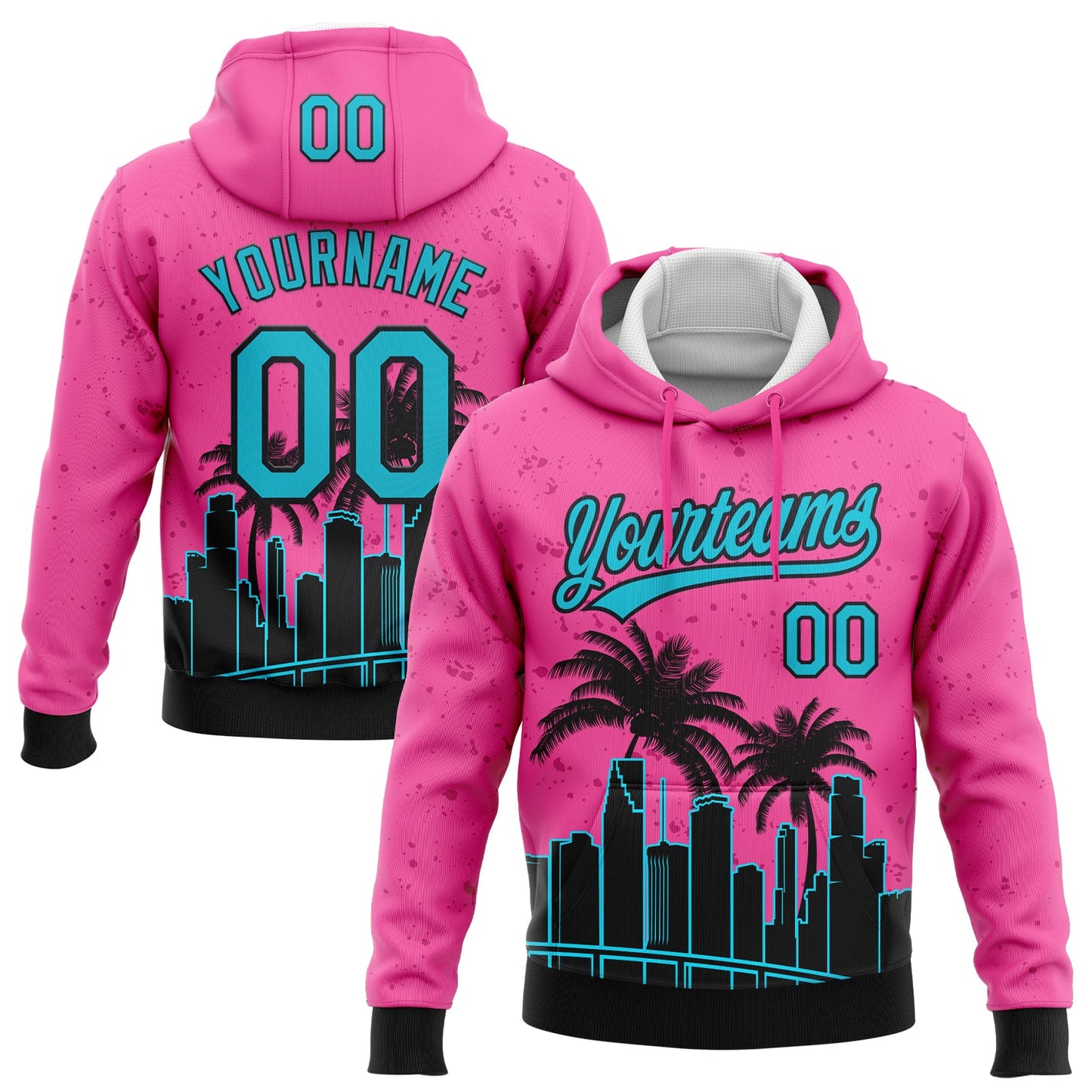 Custom Stitched Pink Sky Blue-Black 3D Miami Palm Trees City Edition Sports Pullover Sweatshirt Hoodie - Main View