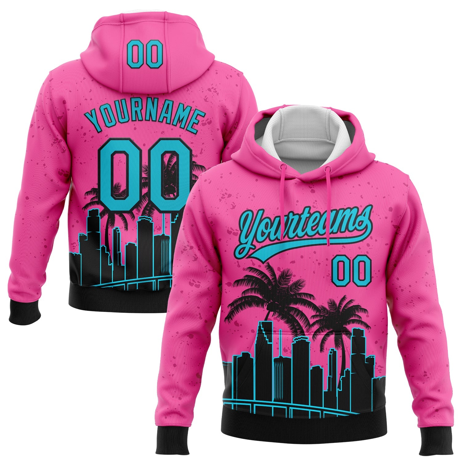 Custom Stitched Pink Sky Blue-Black 3D Miami Palm Trees City Edition Sports Pullover Sweatshirt Hoodie - Main View