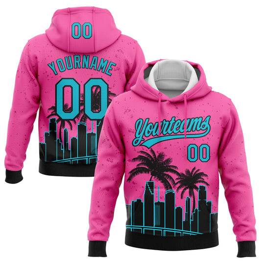 Custom Stitched Pink Sky Blue-Black 3D Miami Palm Trees City Edition Sports Pullover Sweatshirt Hoodie - Main View