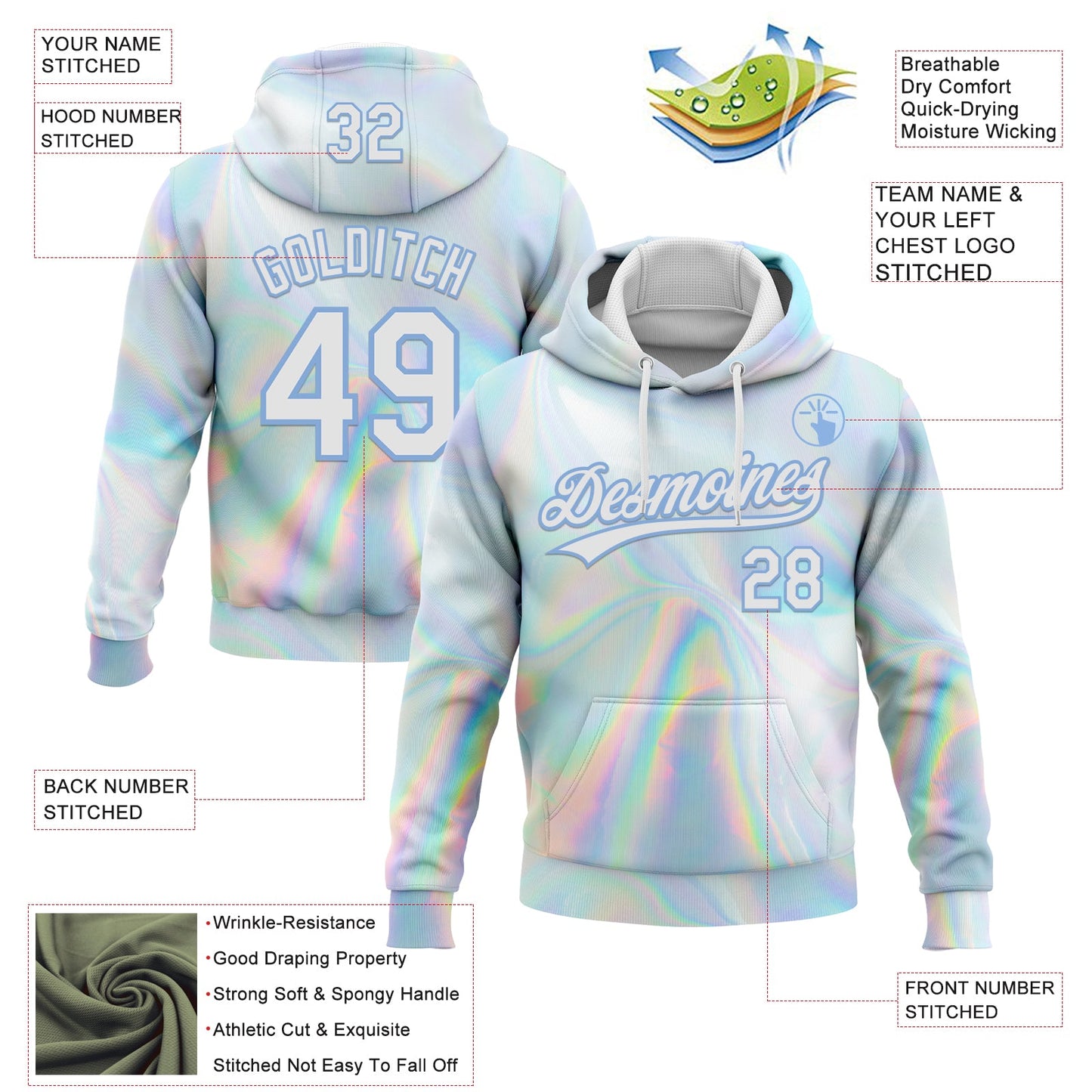 Custom Stitched White Light Blue 3D Pattern Design Abstract Trendy Holographic Vaporwave Style Sports Pullover Sweatshirt Hoodie view 2