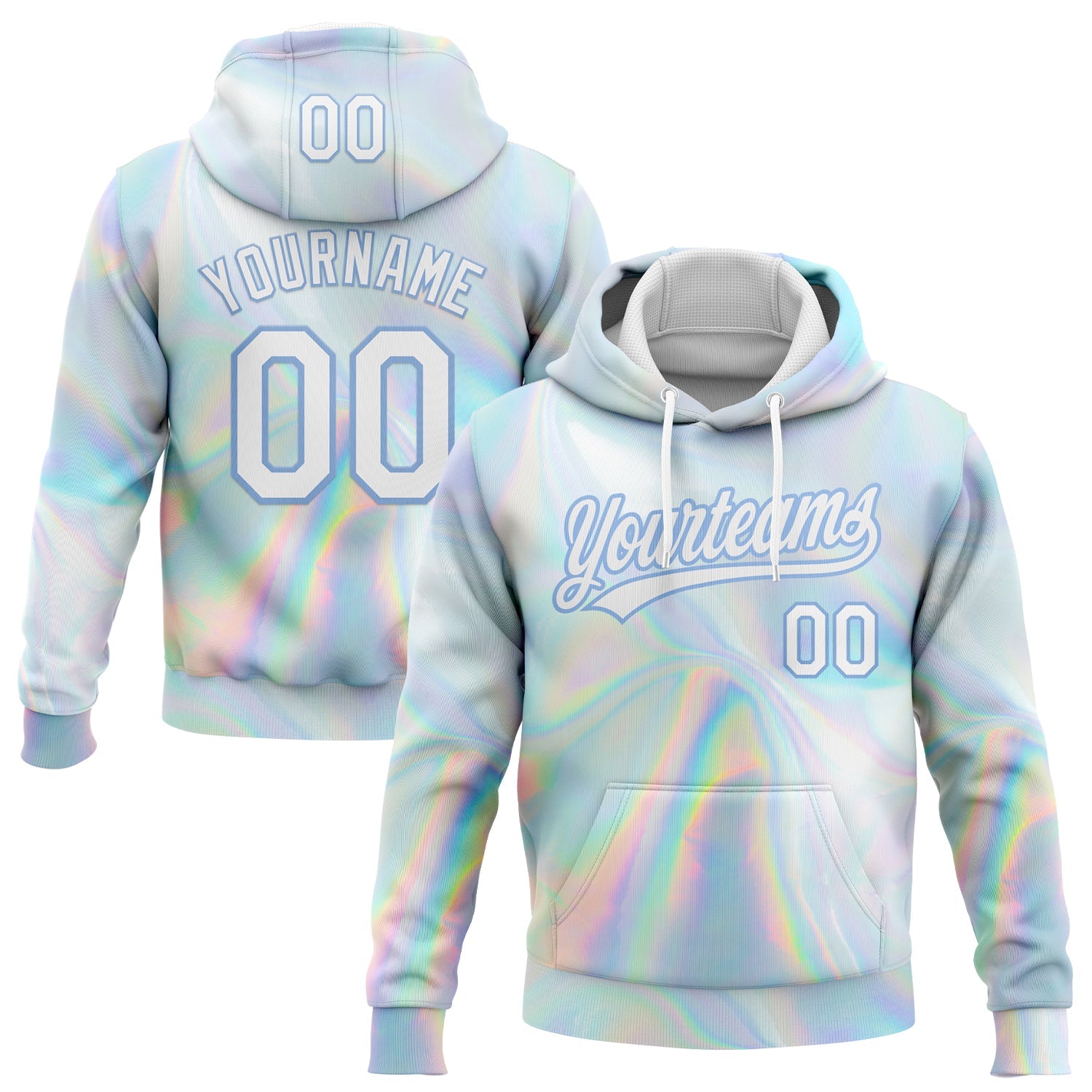Custom Stitched White Light Blue 3D Pattern Design Abstract Trendy Holographic Vaporwave Style Sports Pullover Sweatshirt Hoodie - Main View