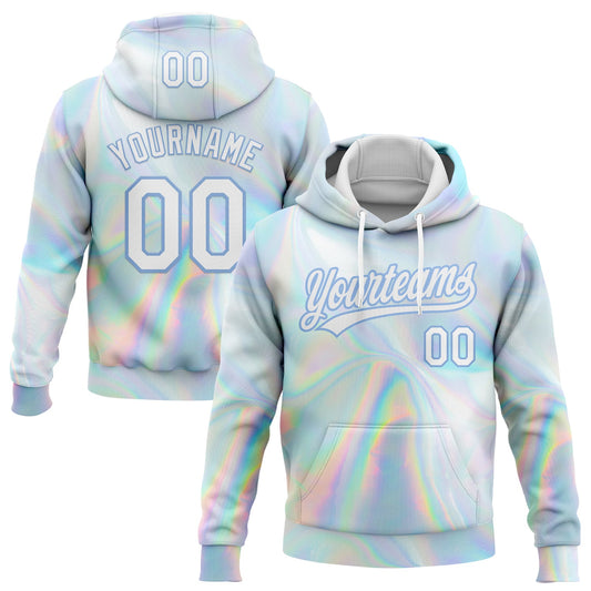 Custom Stitched White Light Blue 3D Pattern Design Abstract Trendy Holographic Vaporwave Style Sports Pullover Sweatshirt Hoodie - Main View