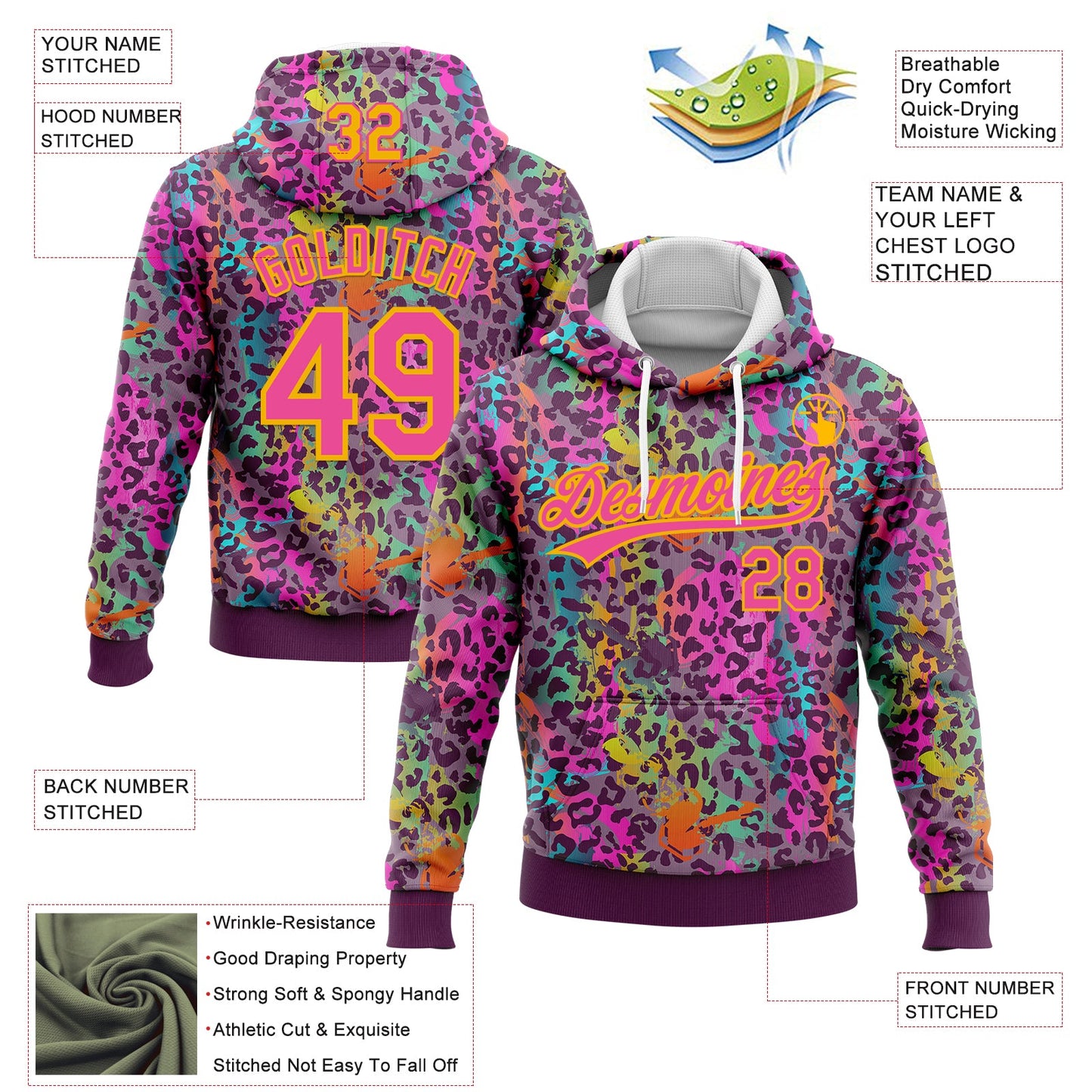 Custom Stitched Graffiti Pattern Pink-Gold 3D Colorful Leopard Print Sports Pullover Sweatshirt Hoodie view 2
