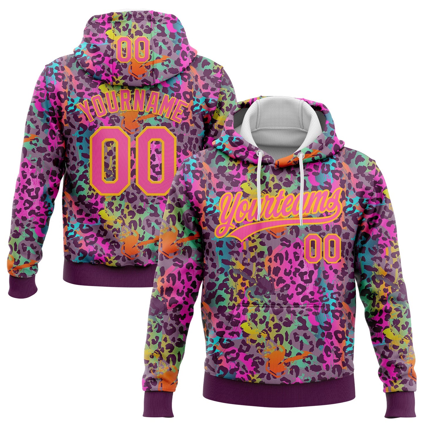 Custom Stitched Graffiti Pattern Pink-Gold 3D Colorful Leopard Print Sports Pullover Sweatshirt Hoodie - Main View