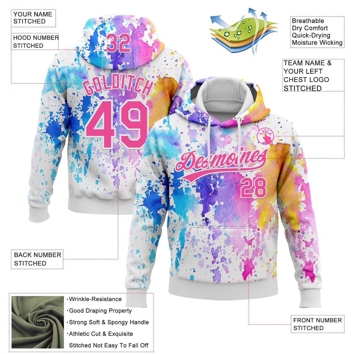 Custom Stitched White Pink 3D Pattern Design Watercolor Grunge Art Sports Pullover Sweatshirt Hoodie view 2
