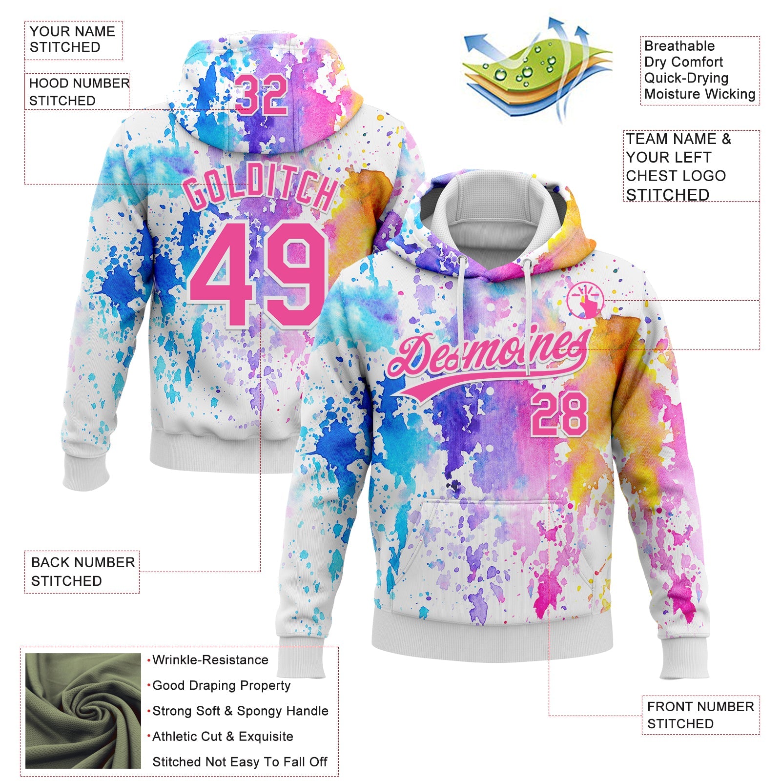 Custom Stitched White Pink 3D Pattern Design Watercolor Grunge Art Sports Pullover Sweatshirt Hoodie view 2