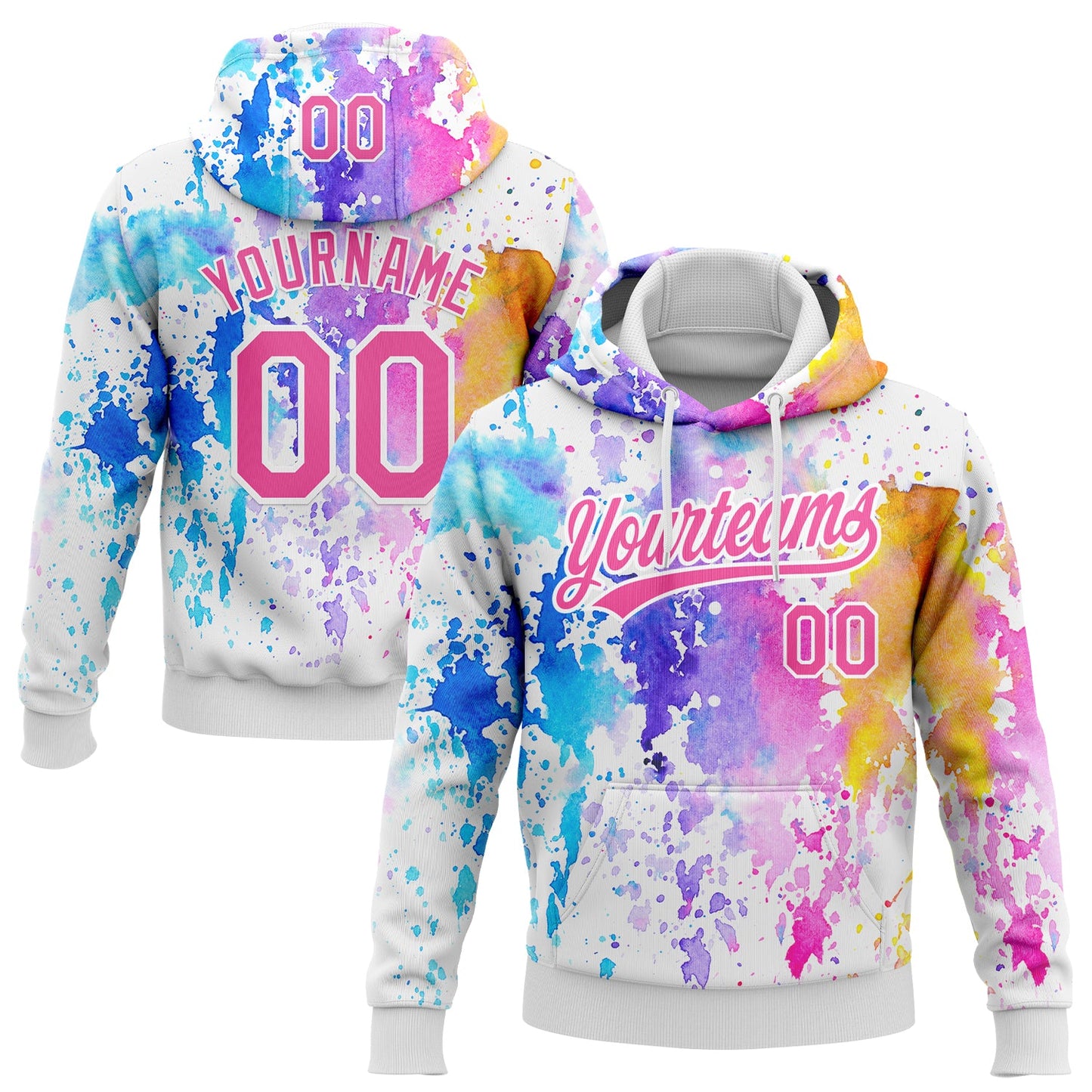 Custom Stitched White Pink 3D Pattern Design Watercolor Grunge Art Sports Pullover Sweatshirt Hoodie - Main View