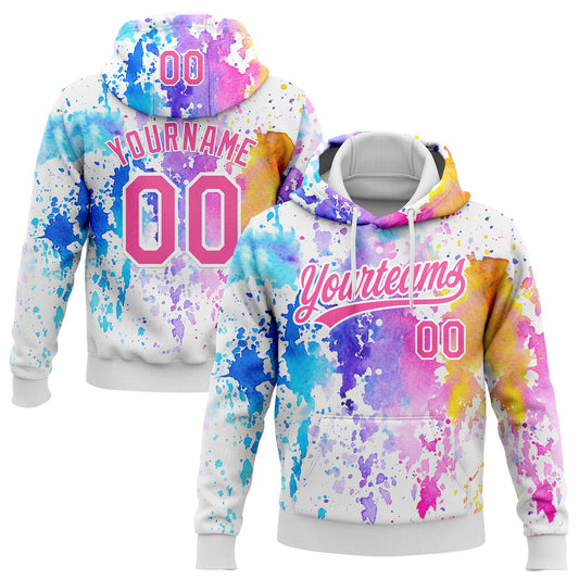 Custom Stitched White Pink 3D Pattern Design Watercolor Grunge Art Sports Pullover Sweatshirt Hoodie - Main View