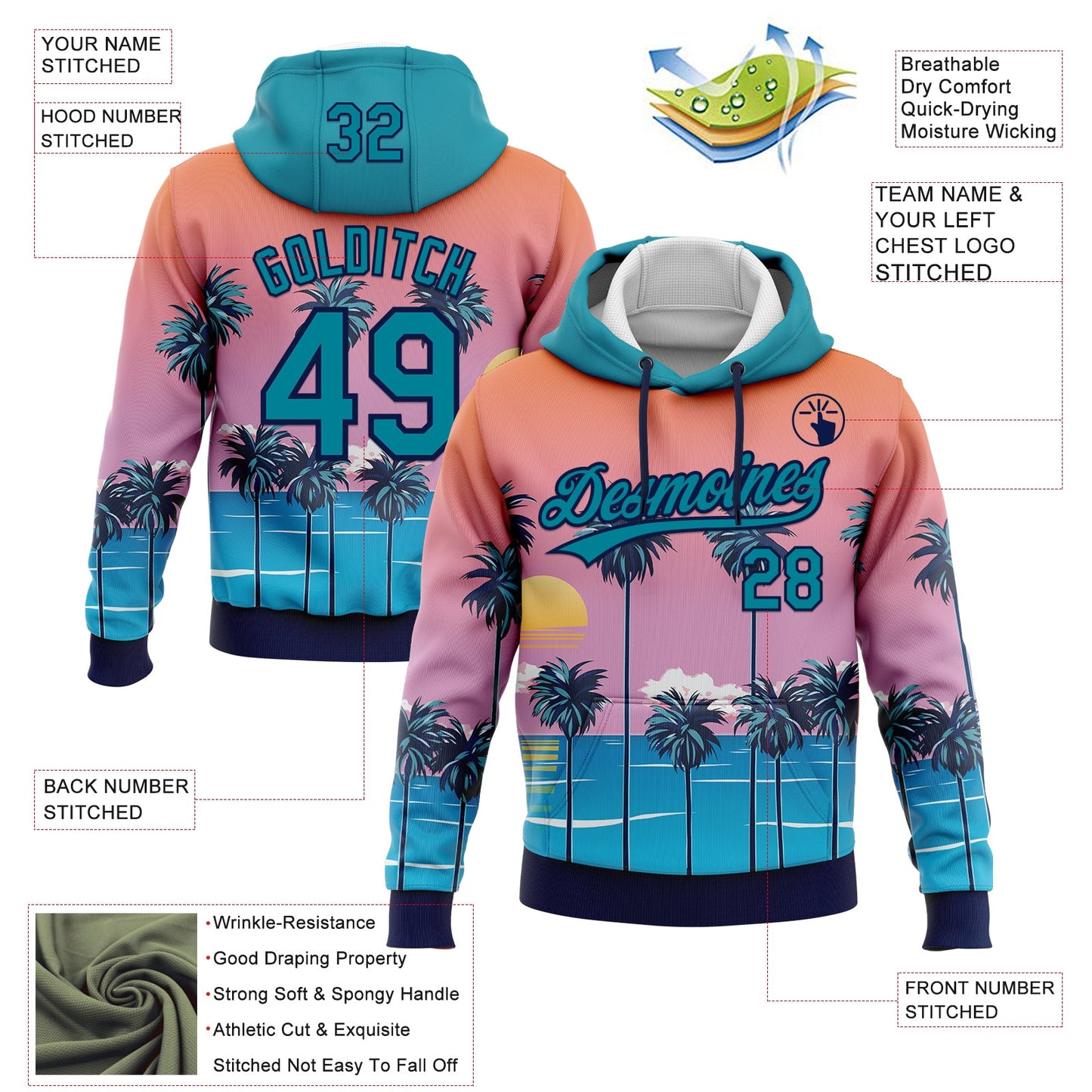 Custom Stitched Orange Teal Pink Blue-Navy 3D Sun Beach Hawaii Palm Trees Sports Pullover Sweatshirt Hoodie view 2