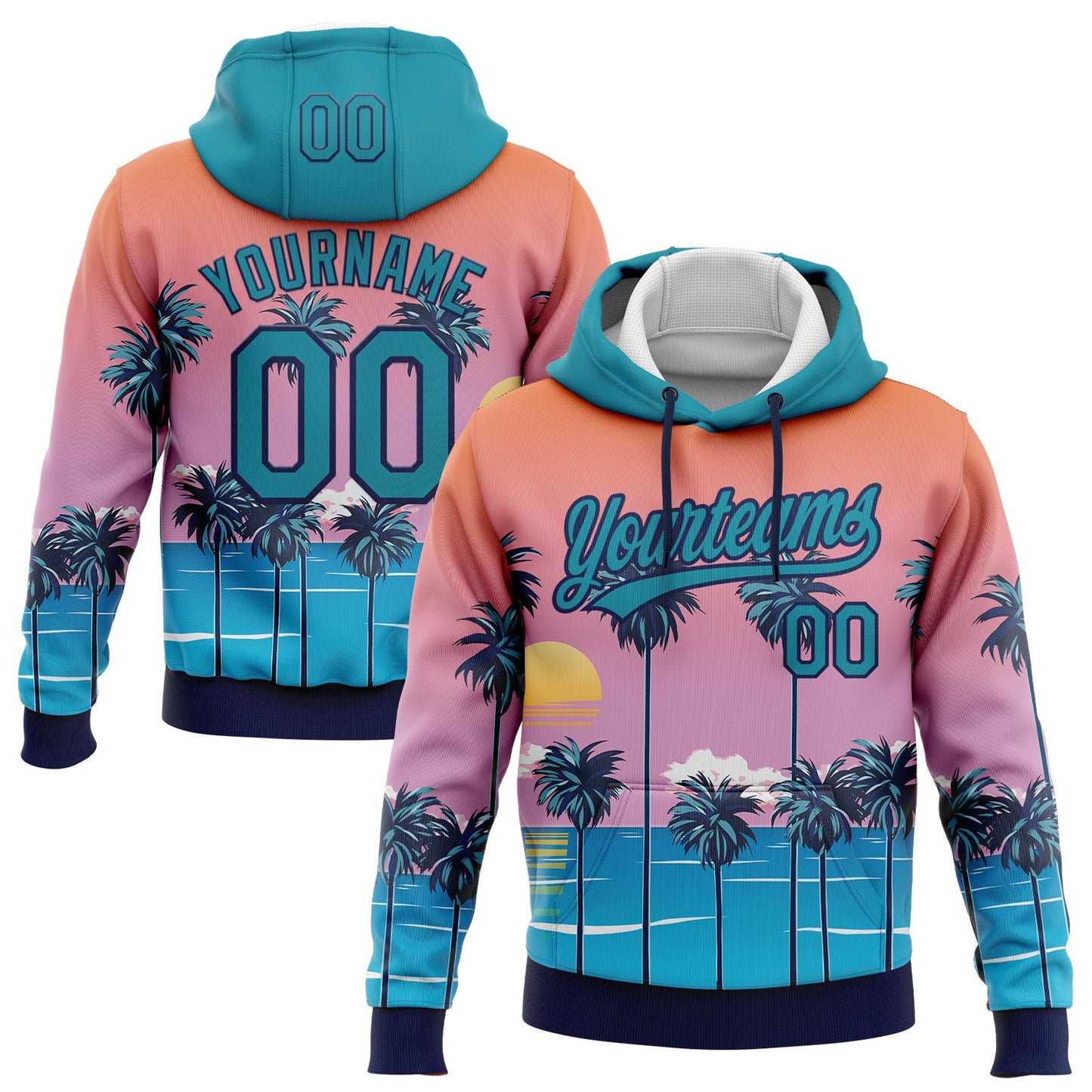 Custom Stitched Orange Teal Pink Blue-Navy 3D Sun Beach Hawaii Palm Trees Sports Pullover Sweatshirt Hoodie - Main View