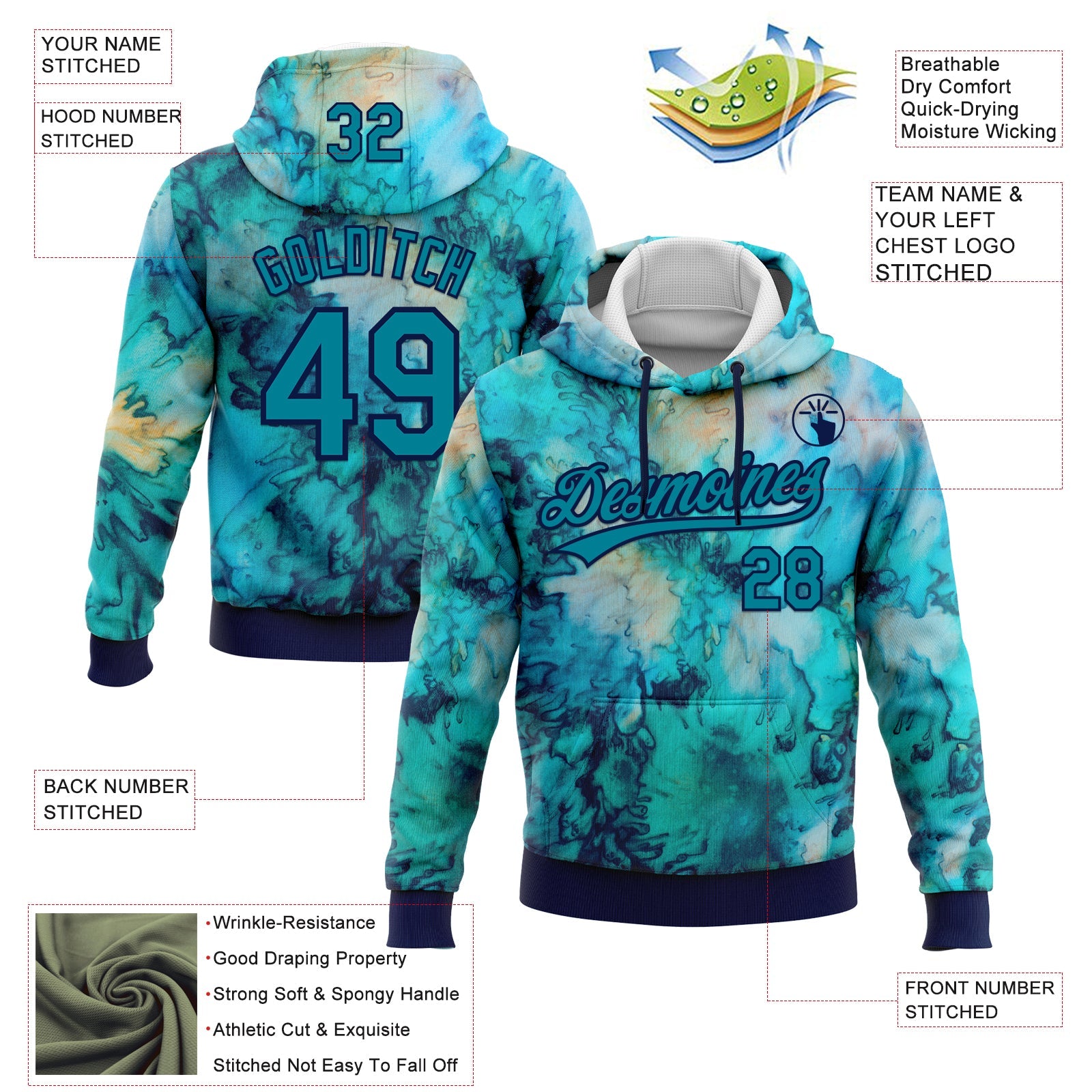 Custom Stitched Tie Dye Teal-Navy 3D Sports Pullover Sweatshirt Hoodie view 2