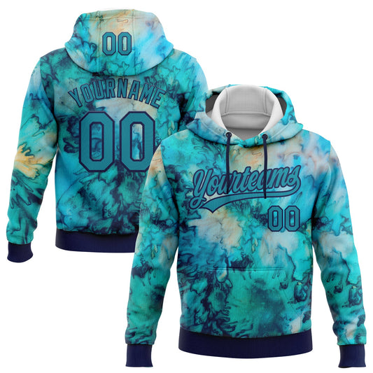 Custom Stitched Tie Dye Teal-Navy 3D Sports Pullover Sweatshirt Hoodie - Main View
