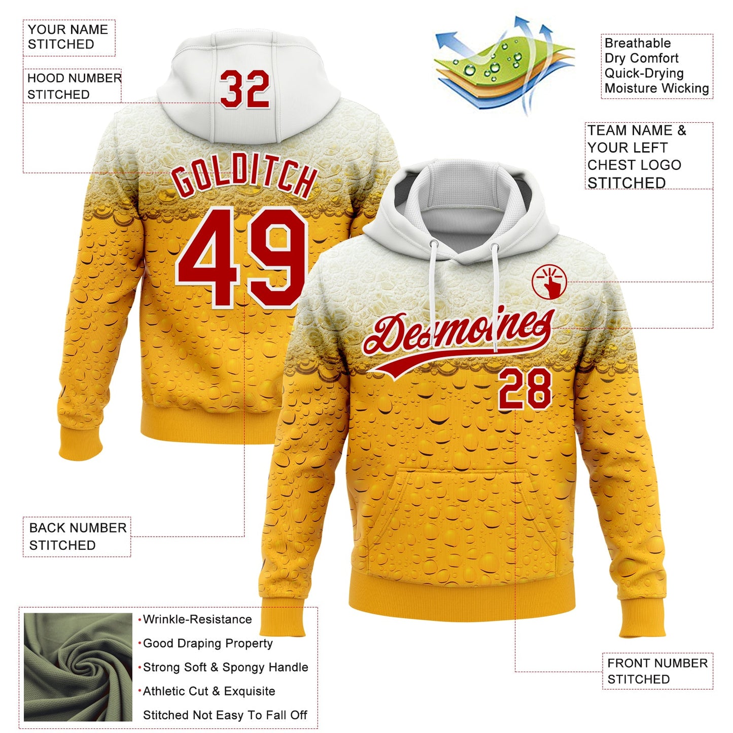Custom Stitched Yellow Red-White 3D Pattern Design Beer Sports Pullover Sweatshirt Hoodie view 2