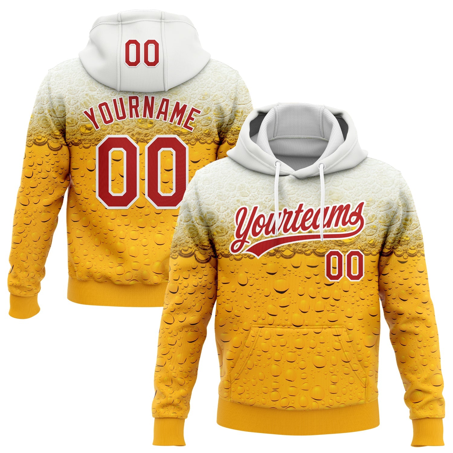 Custom Stitched Yellow Red-White 3D Pattern Design Beer Sports Pullover Sweatshirt Hoodie - Main View
