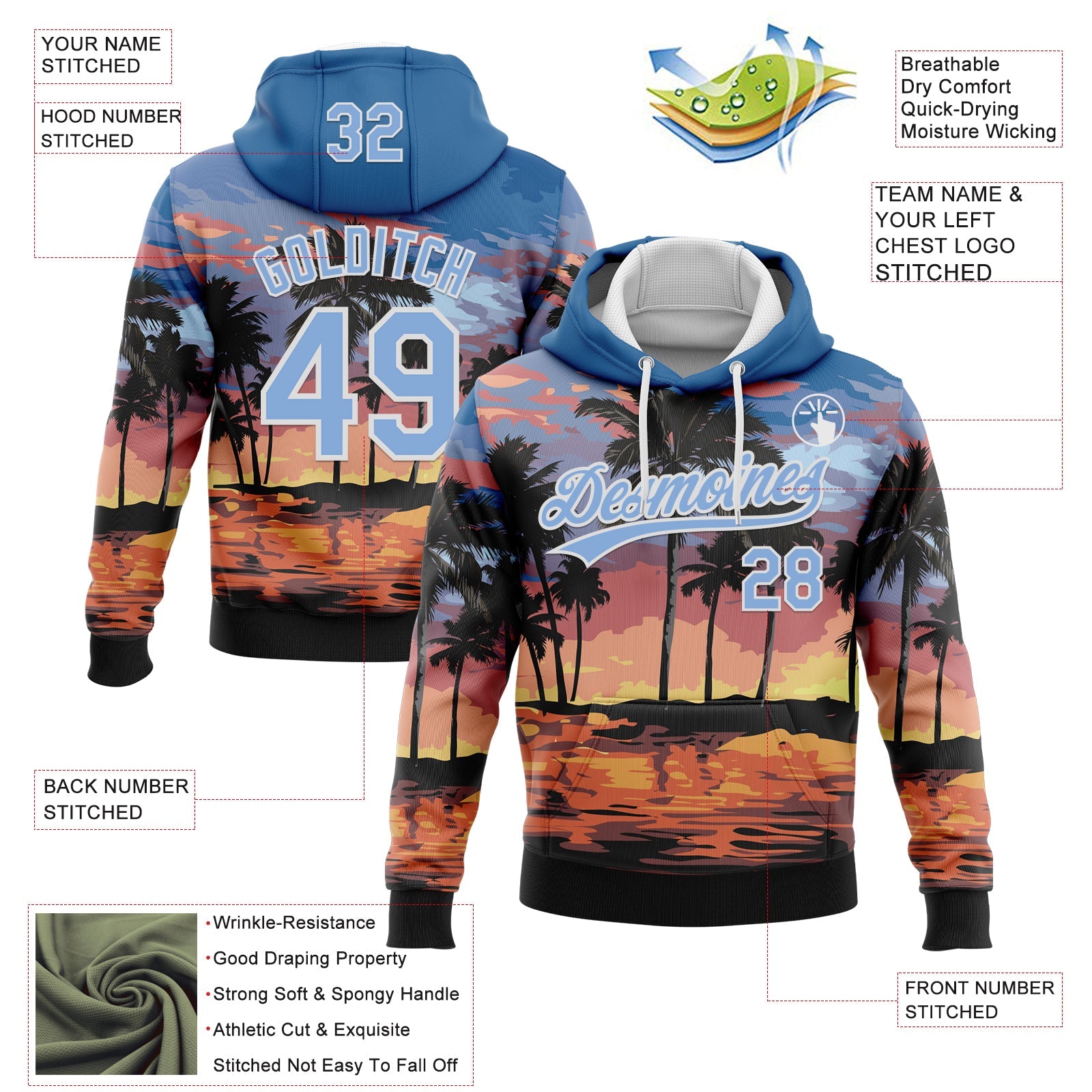 Custom Stitched Blue Light Blue-White 3D Hawaii Palm Trees Sports Pullover Sweatshirt Hoodie view 2