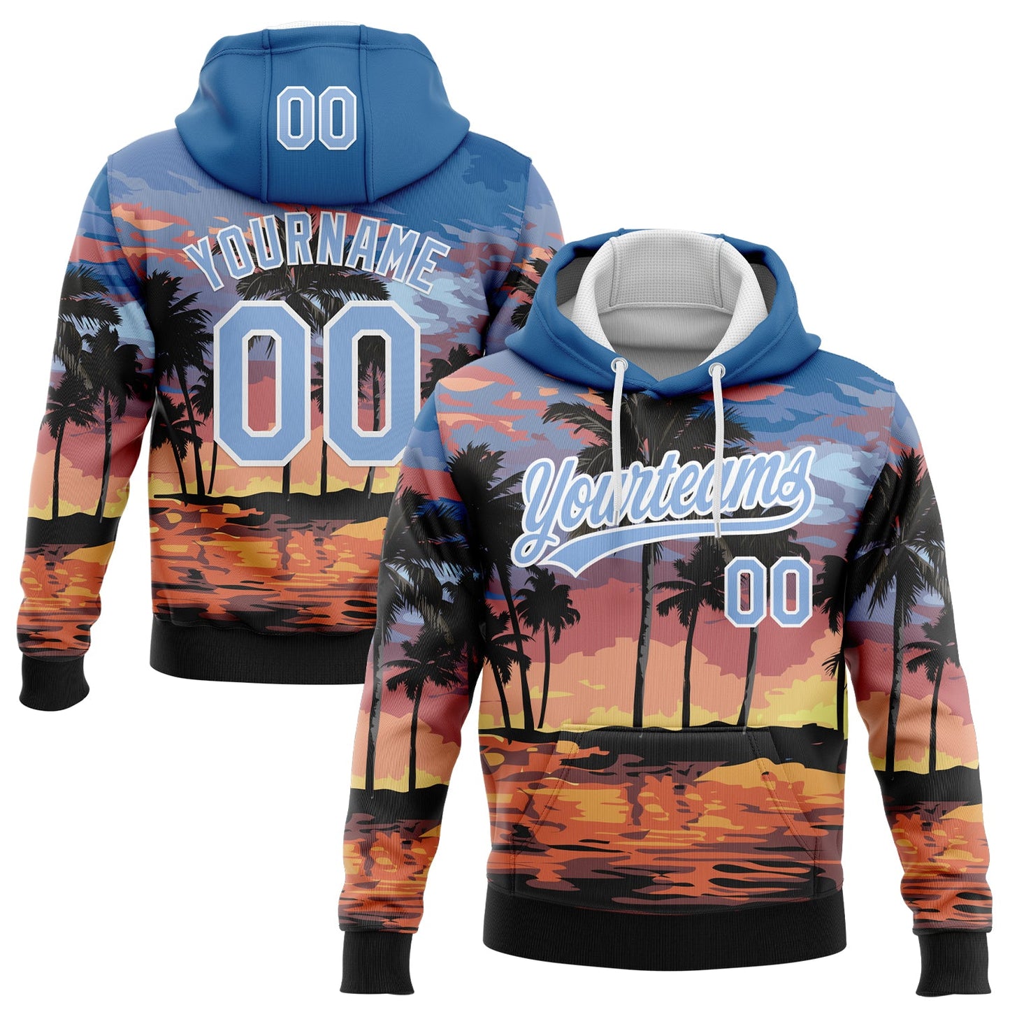 Custom Stitched Blue Light Blue-White 3D Hawaii Palm Trees Sports Pullover Sweatshirt Hoodie - Main View