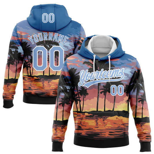 Custom Stitched Blue Light Blue-White 3D Hawaii Palm Trees Sports Pullover Sweatshirt Hoodie - Main View