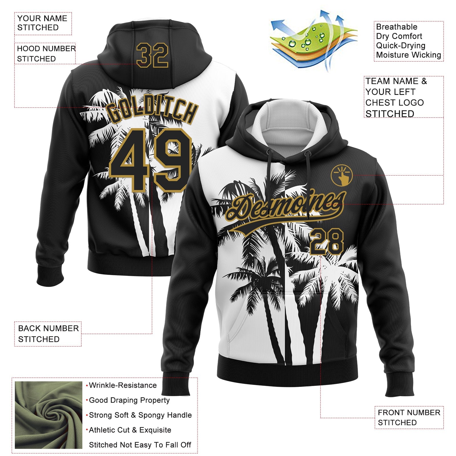 Custom Stitched Black White-Old Gold 3D Hawaii Coconut Trees Sports Pullover Sweatshirt Hoodie view 2