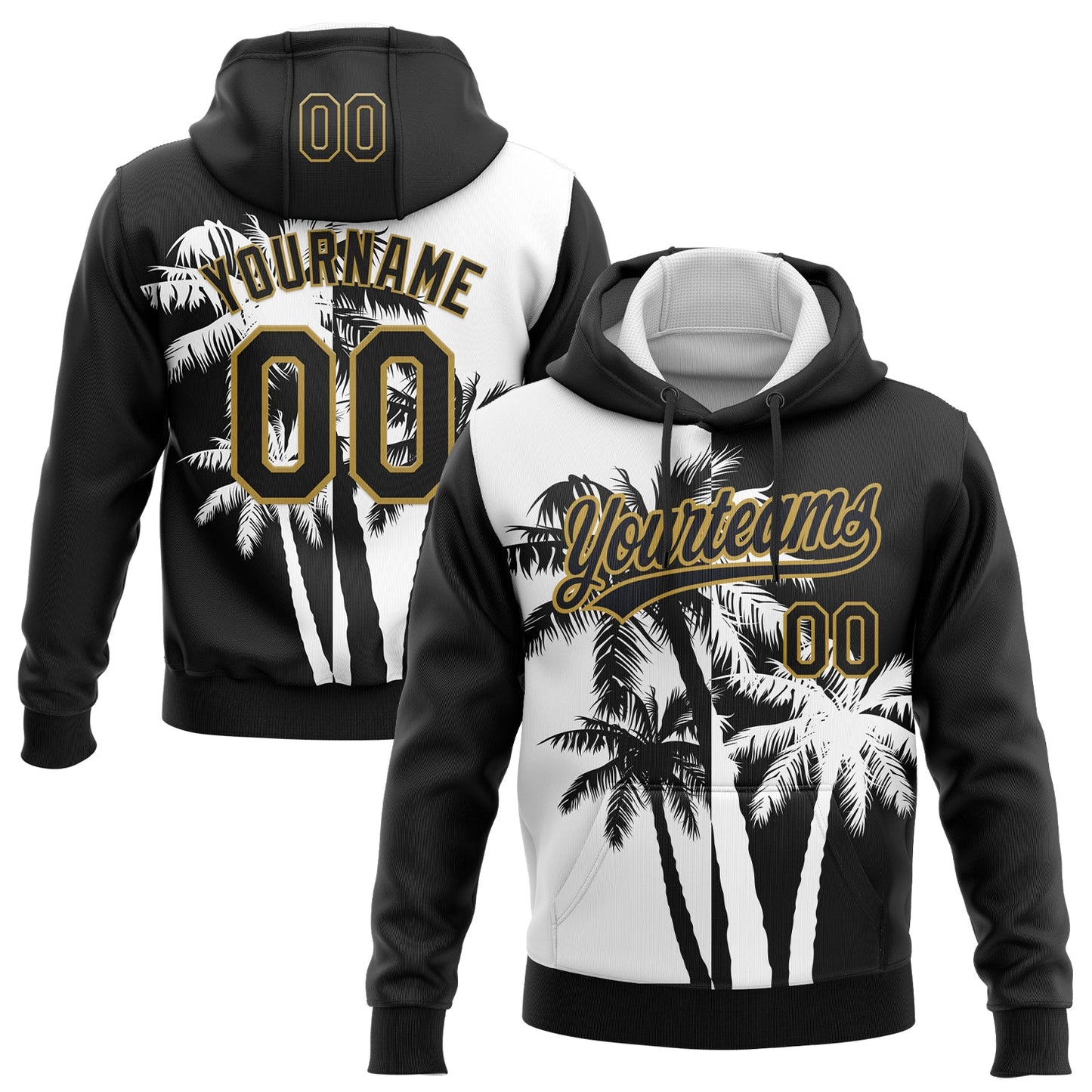 Custom Stitched Black White-Old Gold 3D Hawaii Coconut Trees Sports Pullover Sweatshirt Hoodie - Main View