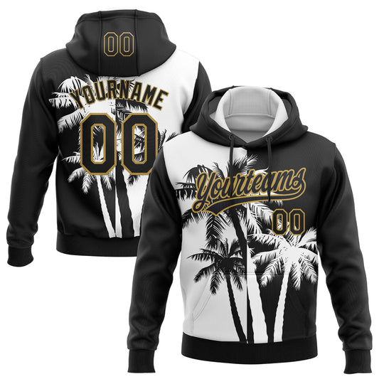 Custom Stitched Black White-Old Gold 3D Hawaii Coconut Trees Sports Pullover Sweatshirt Hoodie - Main View