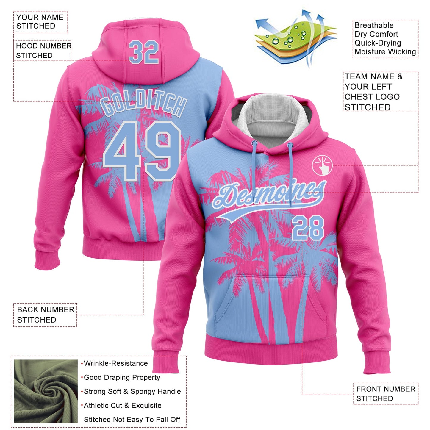 Custom Stitched Pink Light Blue-White 3D Hawaii Coconut Trees Sports Pullover Sweatshirt Hoodie view 2