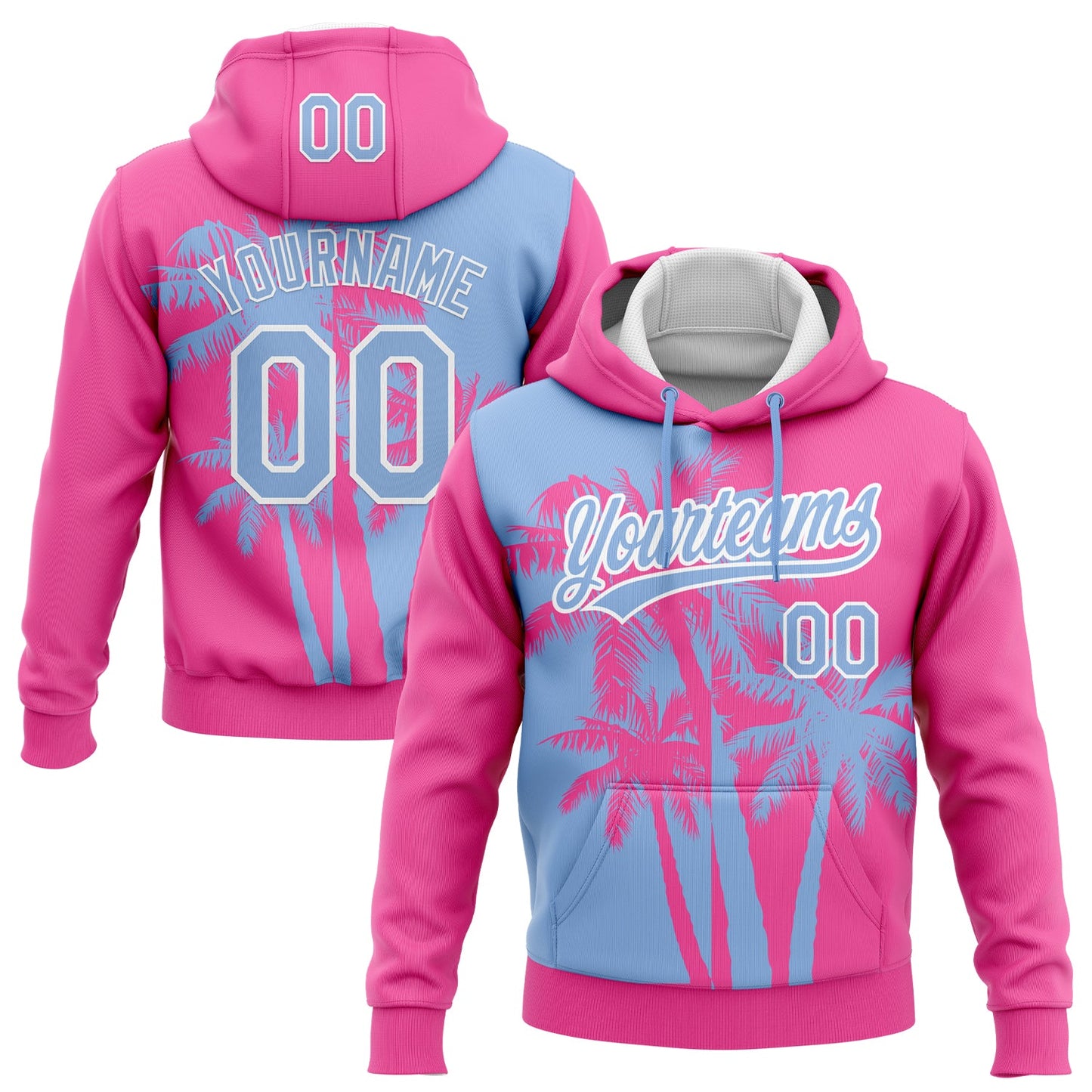 Custom Stitched Pink Light Blue-White 3D Hawaii Coconut Trees Sports Pullover Sweatshirt Hoodie - Main View