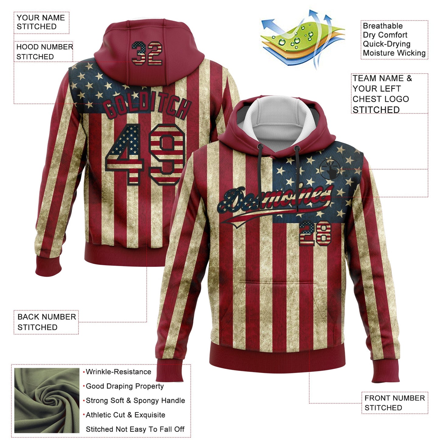 Custom Stitched Crimson Vintage USA Flag Cream-Black 3D American Flag Sports Pullover Sweatshirt Hoodie view 2