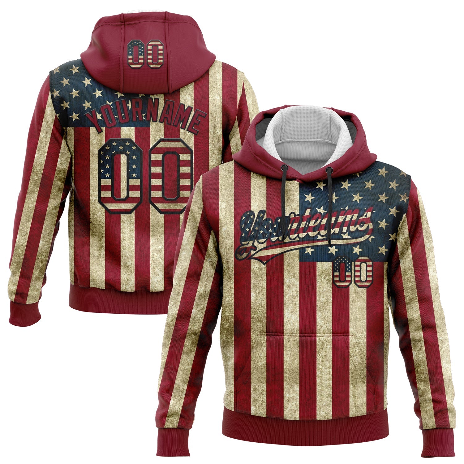 Custom Stitched Crimson Vintage USA Flag Cream-Black 3D American Flag Sports Pullover Sweatshirt Hoodie - Main View