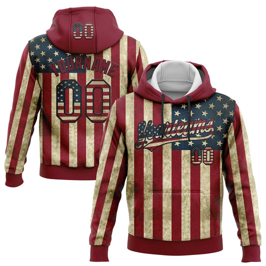 Custom Stitched Crimson Vintage USA Flag Cream-Black 3D American Flag Sports Pullover Sweatshirt Hoodie - Main View