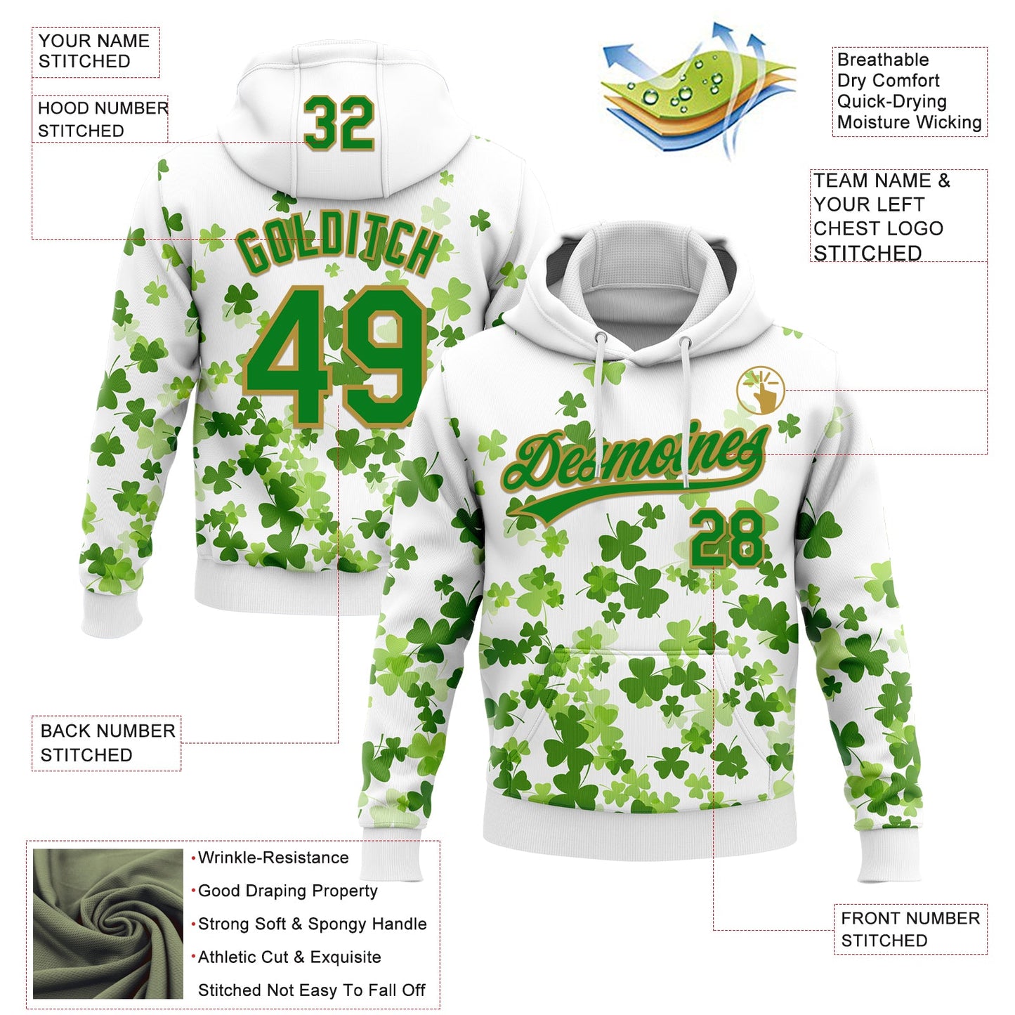 Custom Stitched White Grass Green-Old Gold 3D Pattern Design St. Patrick's Day Shamrock Sports Pullover Sweatshirt Hoodie view 2