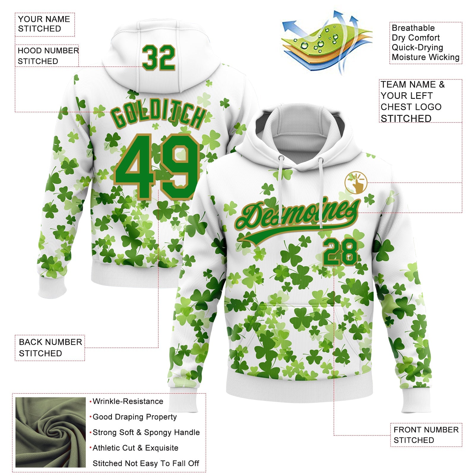 Custom Stitched White Grass Green-Old Gold 3D Pattern Design St. Patrick's Day Shamrock Sports Pullover Sweatshirt Hoodie view 2