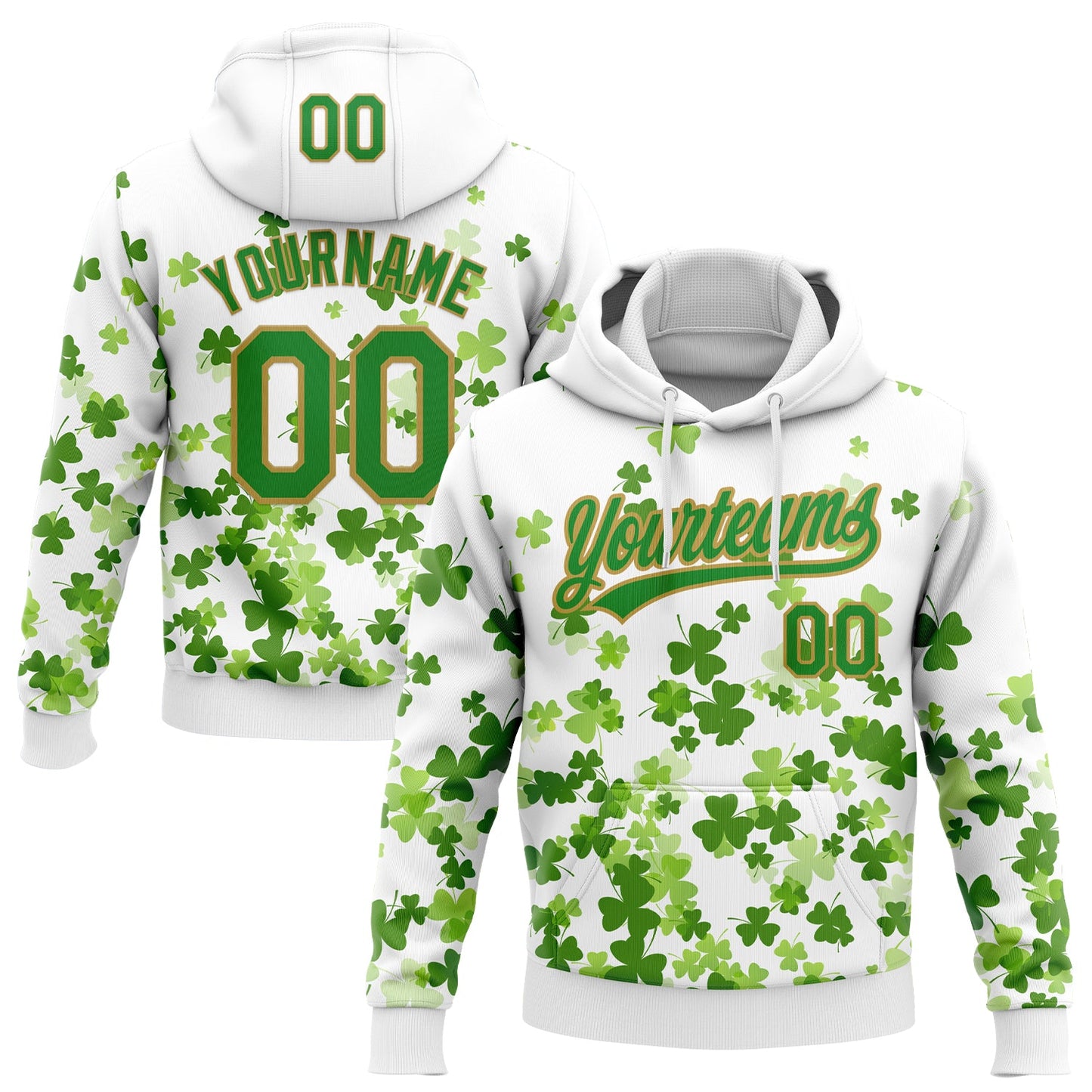Custom Stitched White Grass Green-Old Gold 3D Pattern Design St. Patrick's Day Shamrock Sports Pullover Sweatshirt Hoodie - Main View