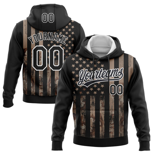 Custom Stitched Black Camo-White 3D American Flag Sports Pullover Sweatshirt Hoodie - Main View