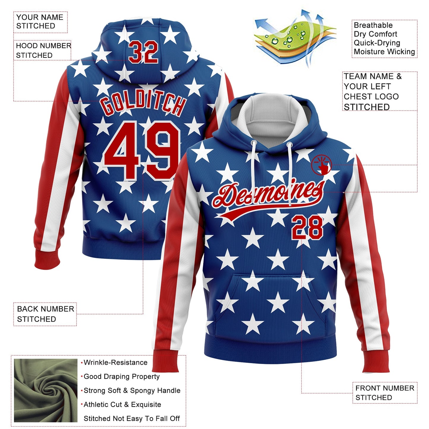 Custom Stitched Royal Red-White 3D American Flag Sports Pullover Sweatshirt Hoodie view 2
