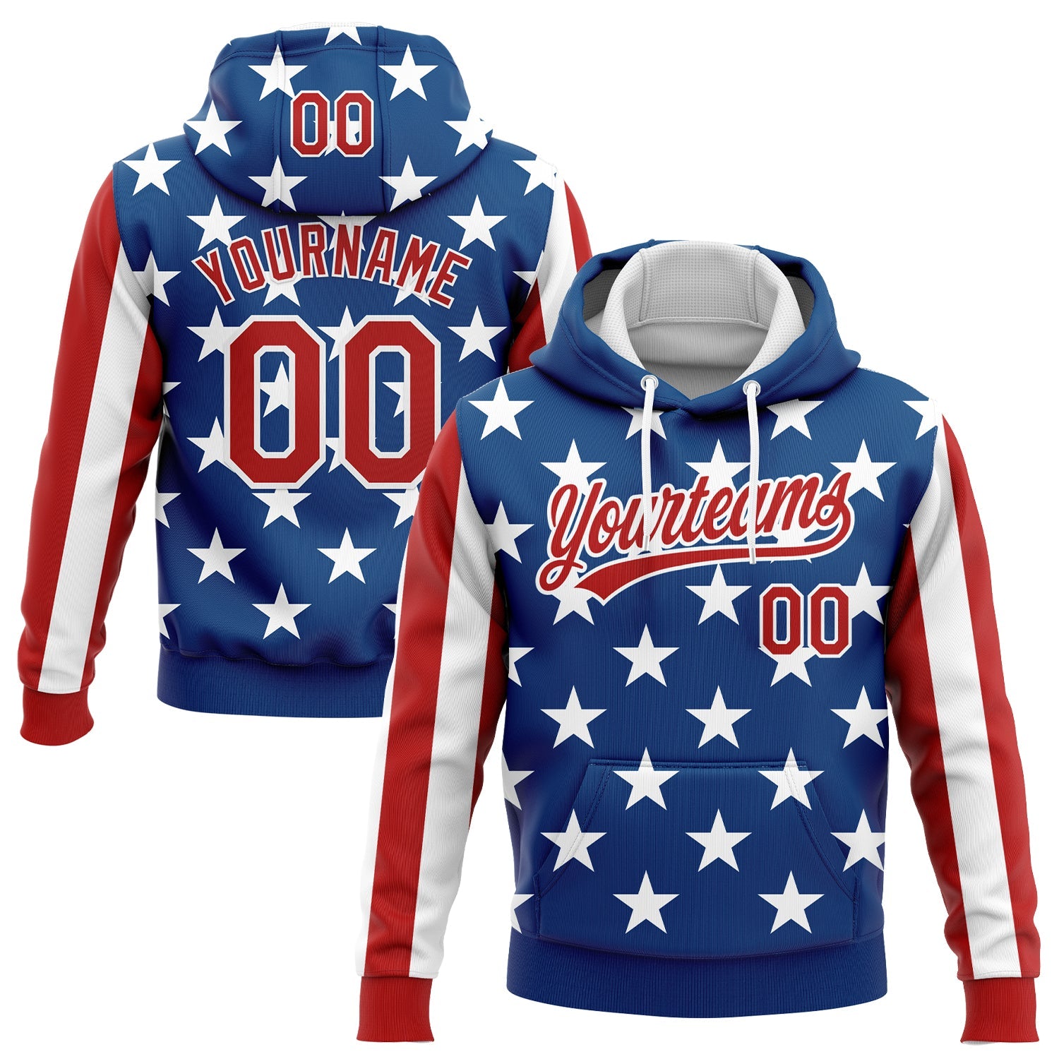Custom Stitched Royal Red-White 3D American Flag Sports Pullover Sweatshirt Hoodie - Main View