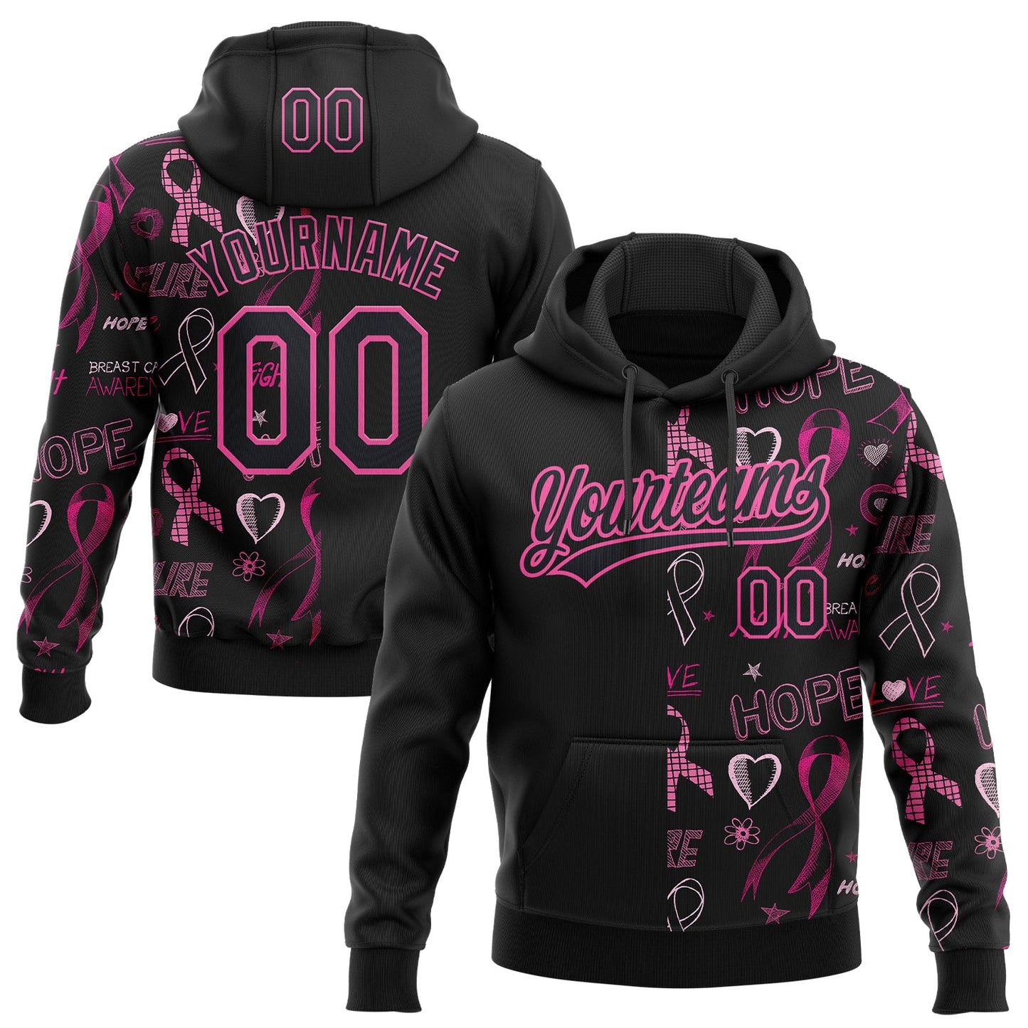 Custom Stitched Black Pink 3D Pattern Design Pink Ribbon Breast Cancer Awareness Month Women Health Care Support Sports Pullover Sweatshirt Hoodie - Main View