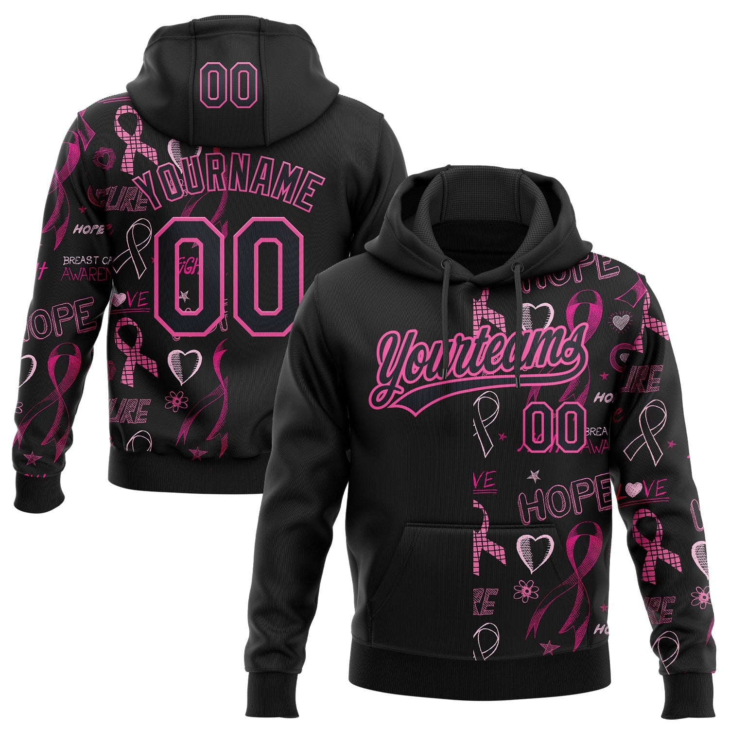Custom Stitched Black Pink 3D Pattern Design Pink Ribbon Breast Cancer Awareness Month Women Health Care Support Sports Pullover Sweatshirt Hoodie - Main View