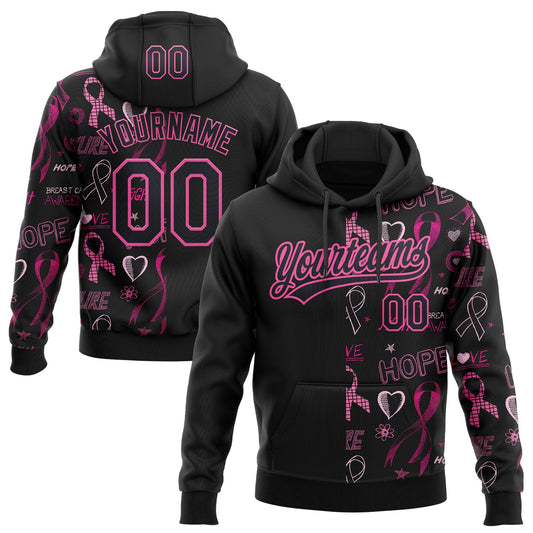 Custom Stitched Black Pink 3D Pattern Design Pink Ribbon Breast Cancer Awareness Month Women Health Care Support Sports Pullover Sweatshirt Hoodie - Main View