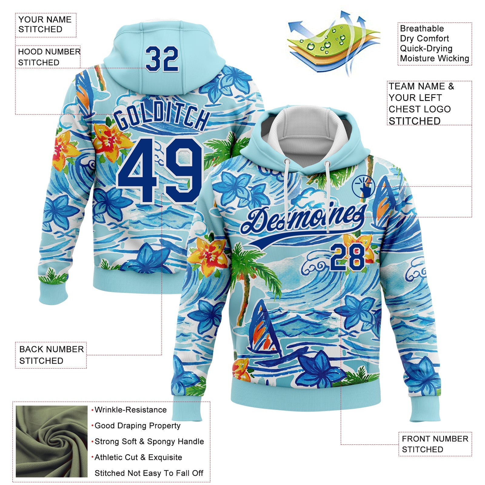 Custom Stitched Blue Royal-White 3D Beach Hawaii Palm Trees And Flowers Sports Pullover Sweatshirt Hoodie view 2