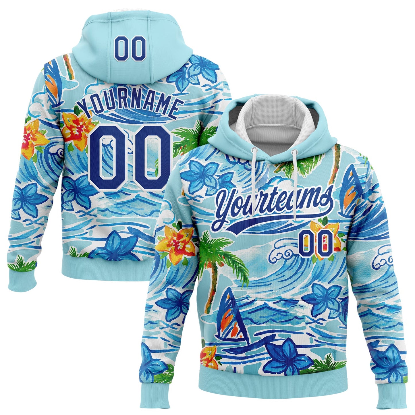 Custom Stitched Blue Royal-White 3D Beach Hawaii Palm Trees And Flowers Sports Pullover Sweatshirt Hoodie - Main View